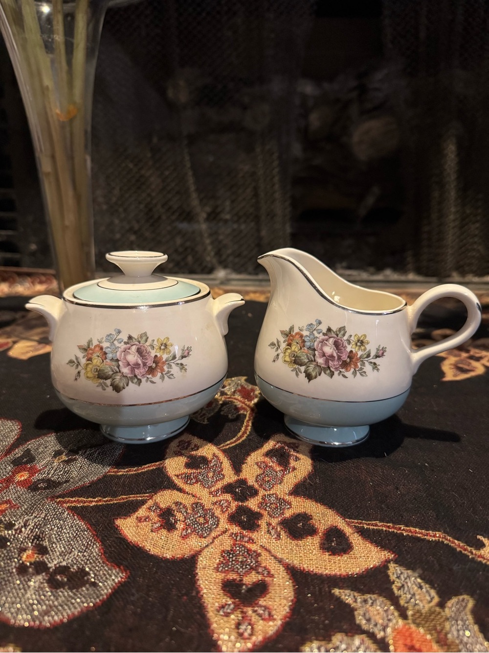 Cunningham Pickett DANUBE Bouquet Aqua band Sugar Creamer Set